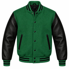 Green and Black Varsity Jacket with Wool Body and Leather Sleeves