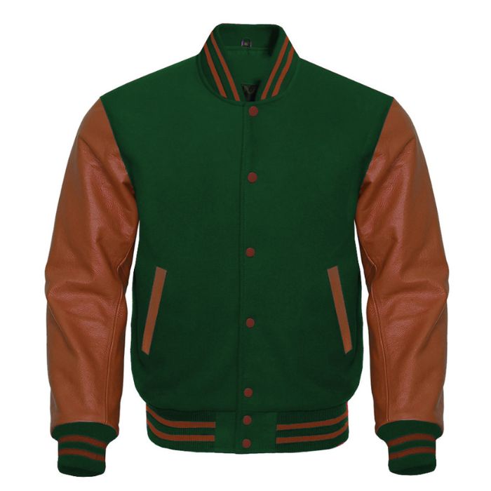 Dark Green and Brown Varsity Jacket - Forest Green Wool with Brown Leather Sleeves