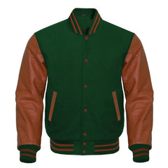 Dark Green and Brown Varsity Jacket - Forest Green Wool with Brown Leather Sleeves