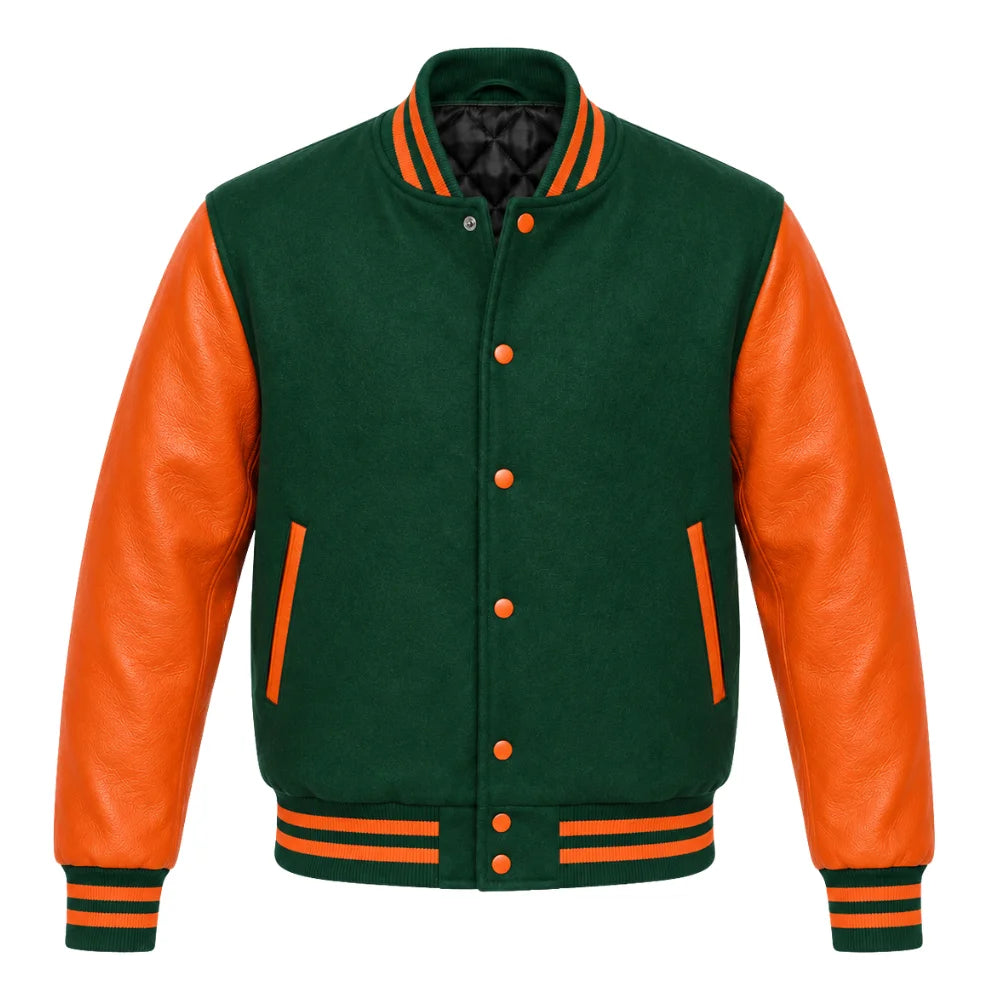 Green and Orange Varsity Jacket with Wool Body and Leather Sleeves