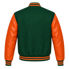 Green and Orange Varsity Jacket with Wool Body and Leather Sleeves Back Side