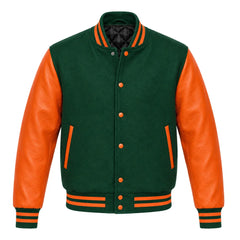 Green and Orange Varsity Jacket with Wool Body and Leather Sleeves