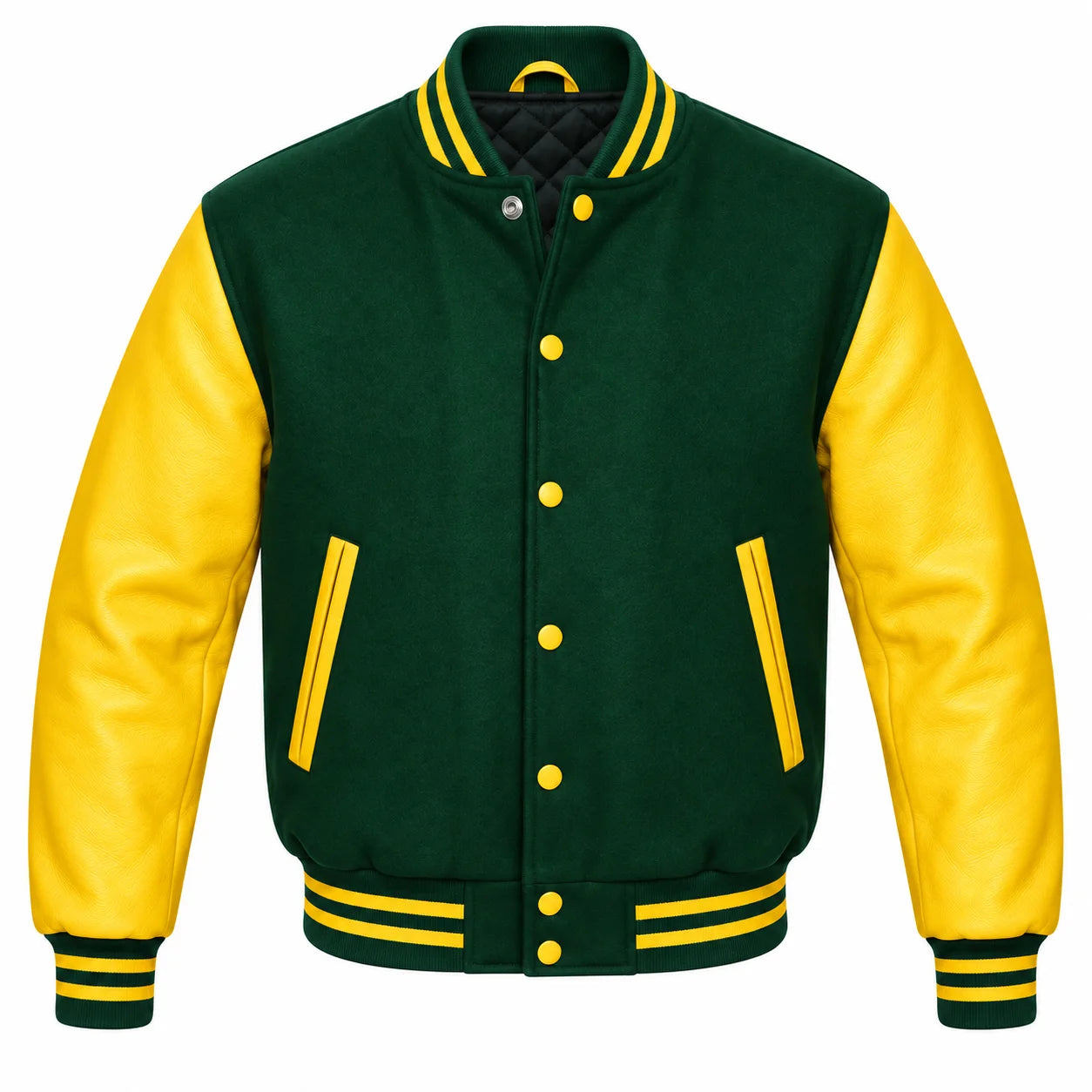 Green and Yellow Varsity Jacket with Wool Body and Leather Sleeves