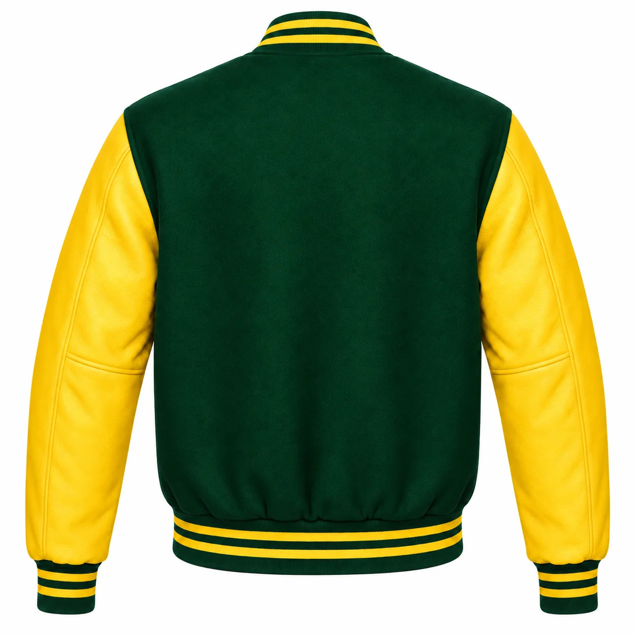 Green and Yellow Varsity Jacket with Wool Body and Leather Sleeves Back View