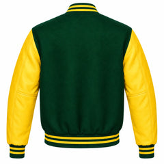 Green and Yellow Varsity Jacket with Wool Body and Leather Sleeves Back View