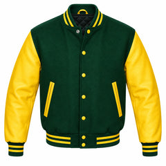 Green and Yellow Varsity Jacket with Wool Body and Leather Sleeves