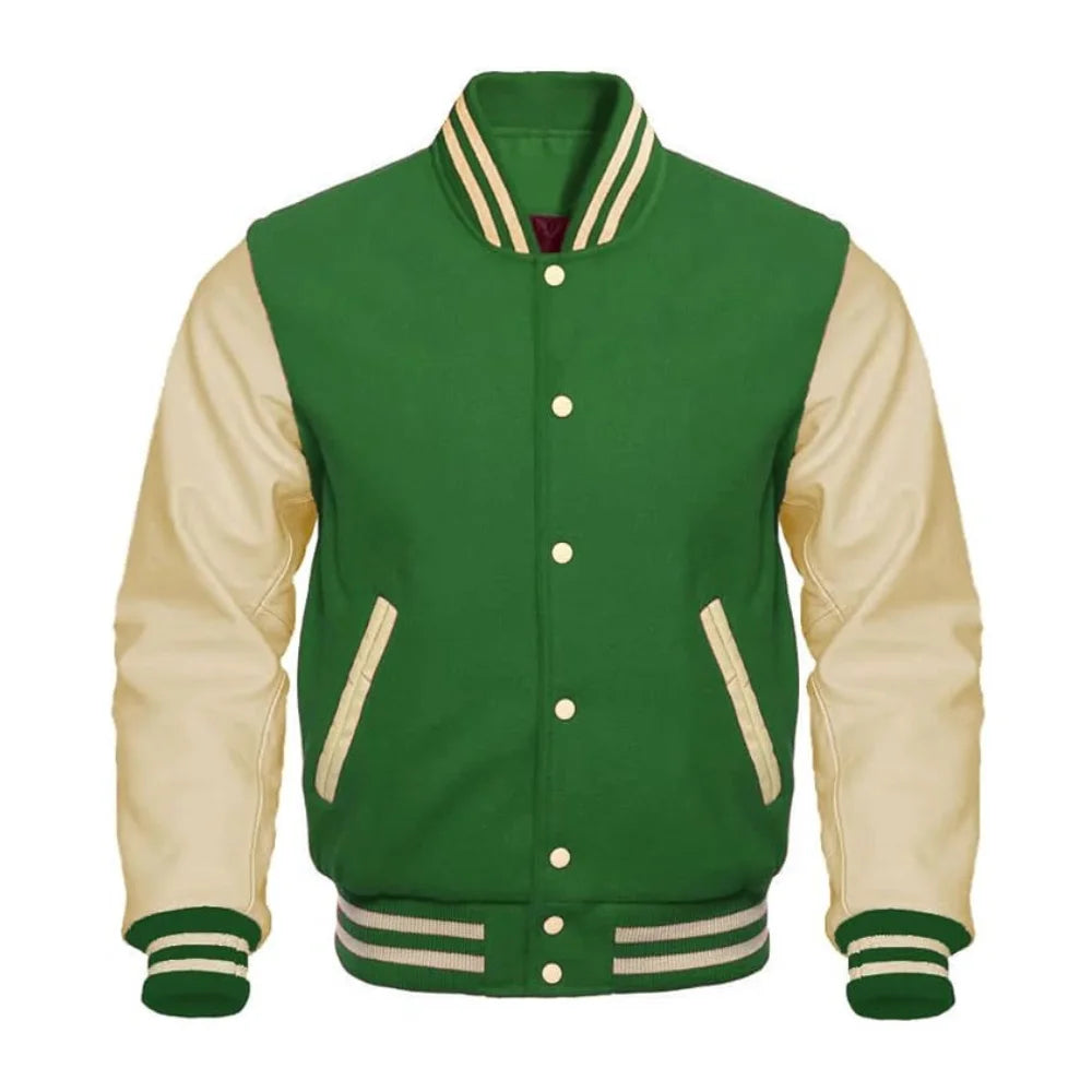 Green and Cream Varsity Jacket with Wool Body and Leather Sleeves