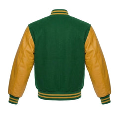 Green and Gold Varsity Jacket with Wool Body and Leather Sleeves Back Side