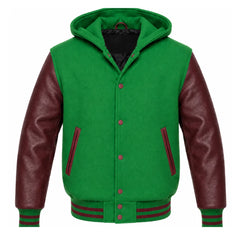 Green and Maroon Hooded Varsity Jacket