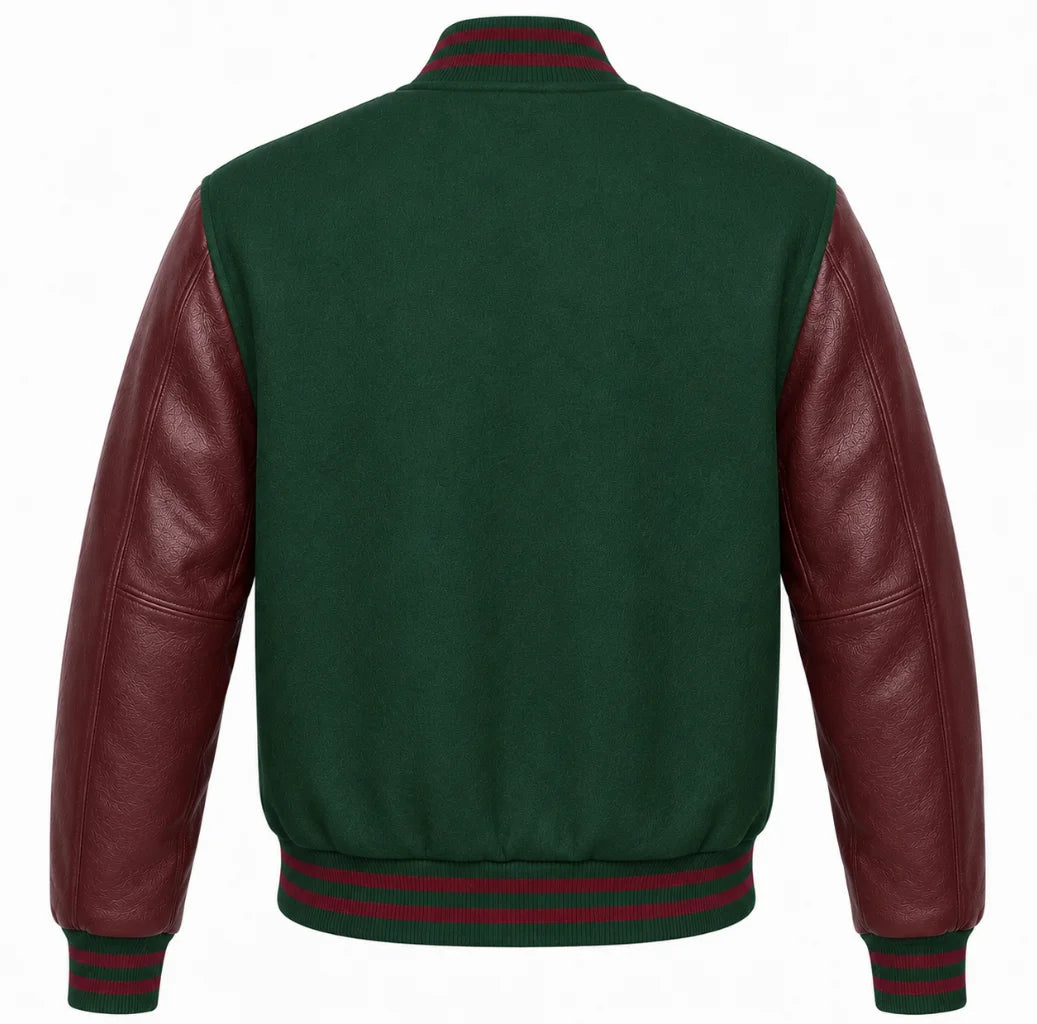 Green wool letterman jacket with maroon leather sleeves, back view