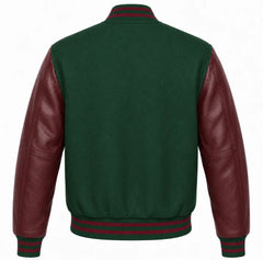Green wool letterman jacket with maroon leather sleeves, back view