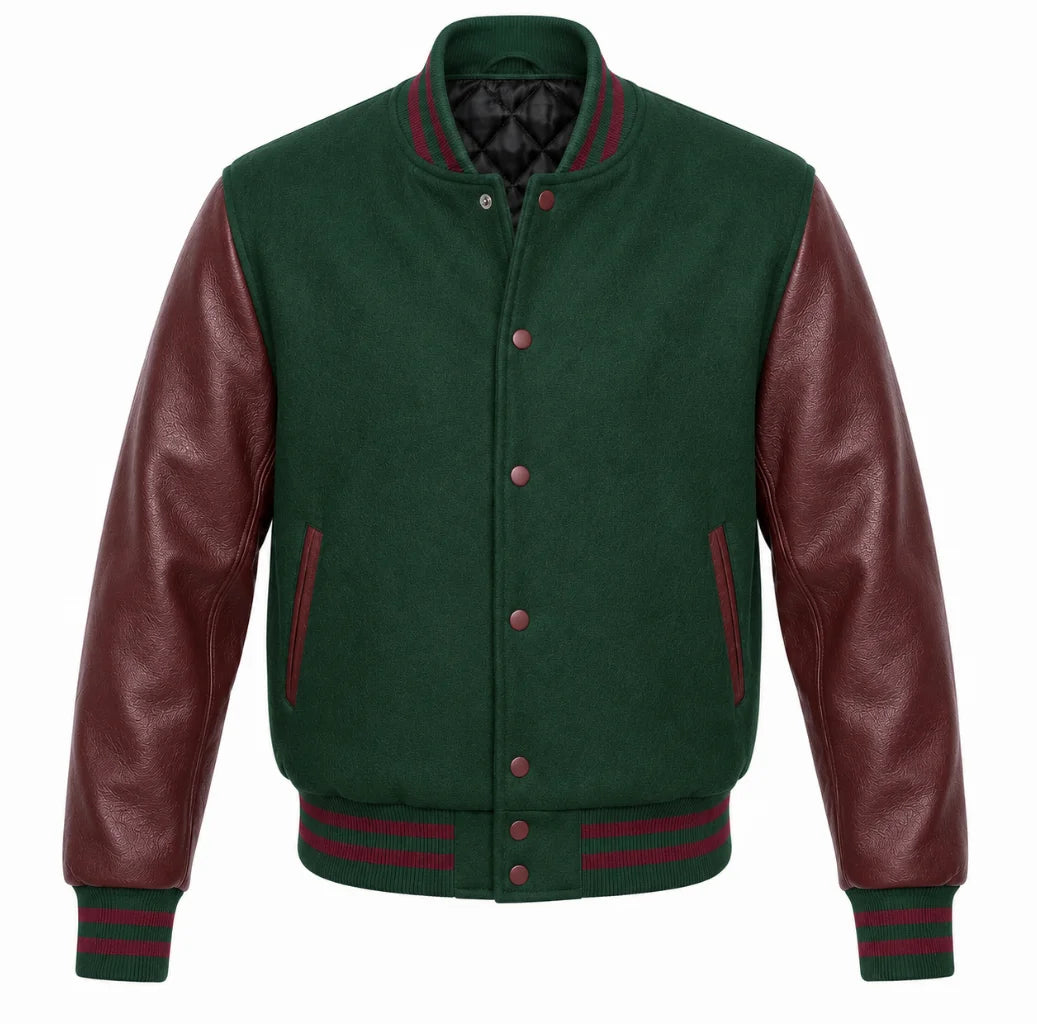 Green melton wool letterman jacket with maroon cowhide leather sleeves, front view