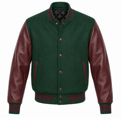 Green melton wool letterman jacket with maroon cowhide leather sleeves, front view