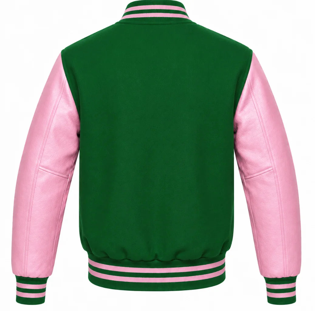 Green wool letterman jacket with pink cowhide leather sleeves, back view