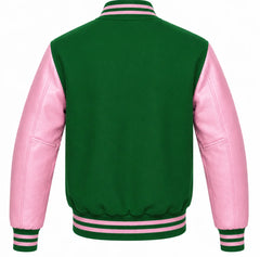 Green wool letterman jacket with pink cowhide leather sleeves, back view