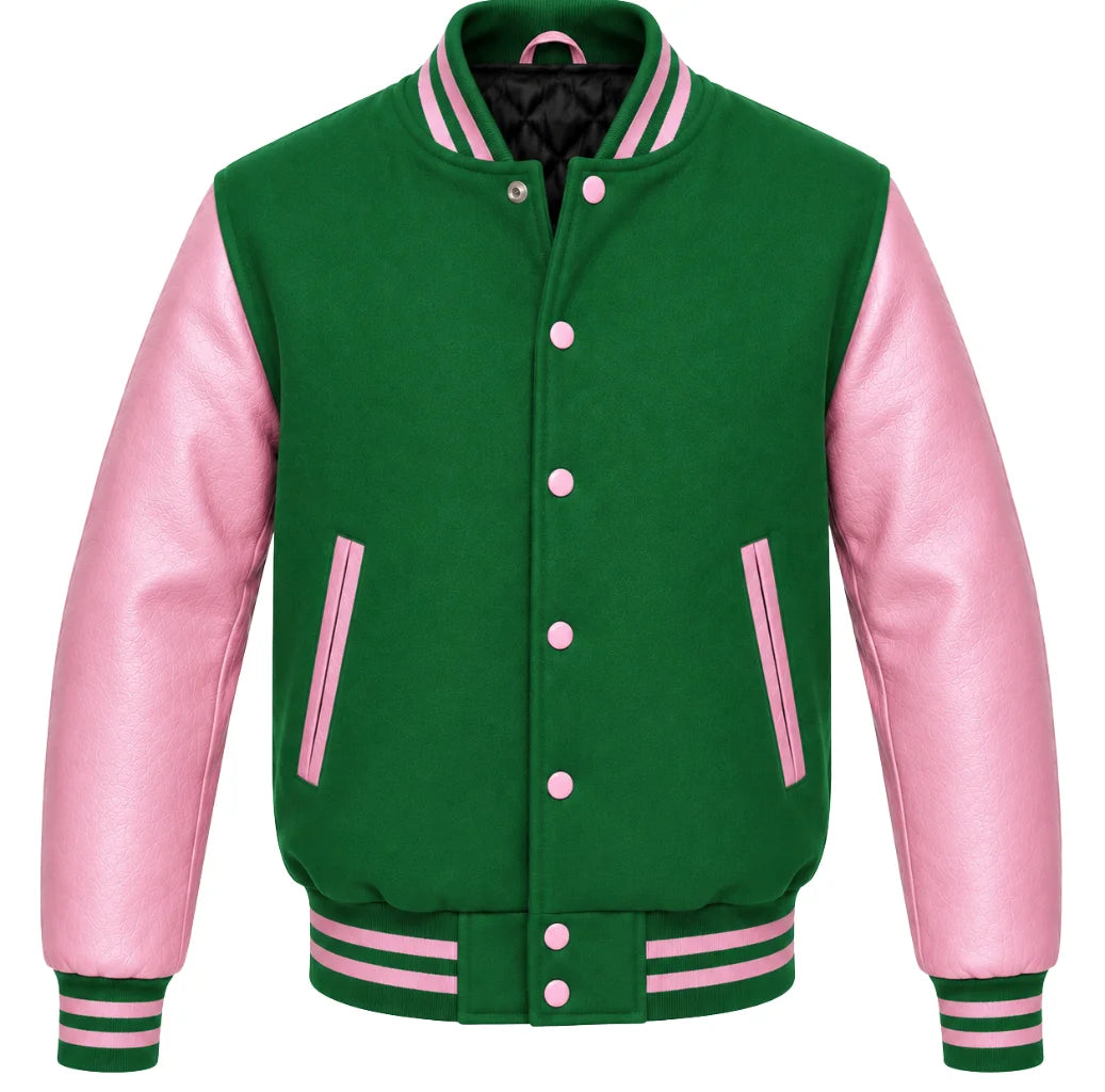 Green melton wool letterman jacket with pink leather sleeves, front view