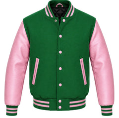 Green melton wool letterman jacket with pink leather sleeves, front view