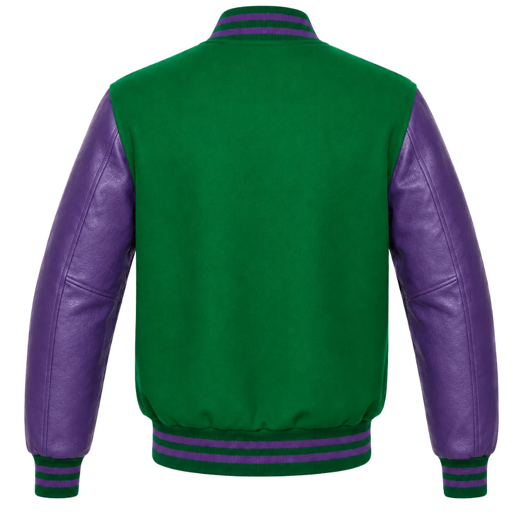 Green wool letterman jacket with purple cowhide leather sleeves, back view