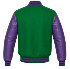 Green wool letterman jacket with purple cowhide leather sleeves, back view