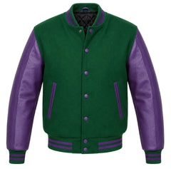 Green melton wool letterman jacket with purple leather sleeves, front view