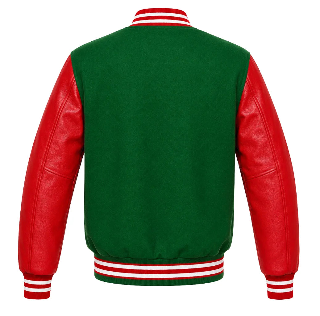 Green wool varsity jacket with red leather sleeves, back view