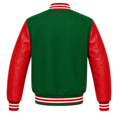 Green wool varsity jacket with red leather sleeves, back view
