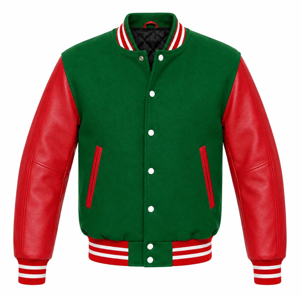 Green melton wool varsity jacket with red cowhide leather sleeves, front view