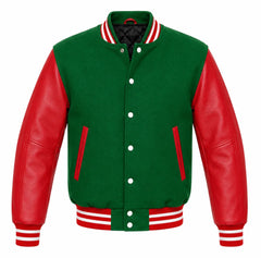 Green melton wool varsity jacket with red cowhide leather sleeves, front view