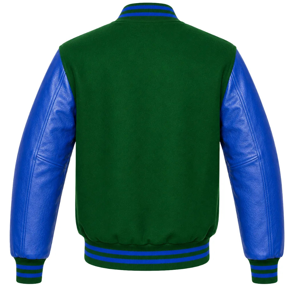 Green wool varsity jacket with royal blue cowhide leather sleeves, back view