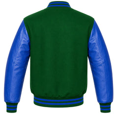 Green wool varsity jacket with royal blue cowhide leather sleeves, back view