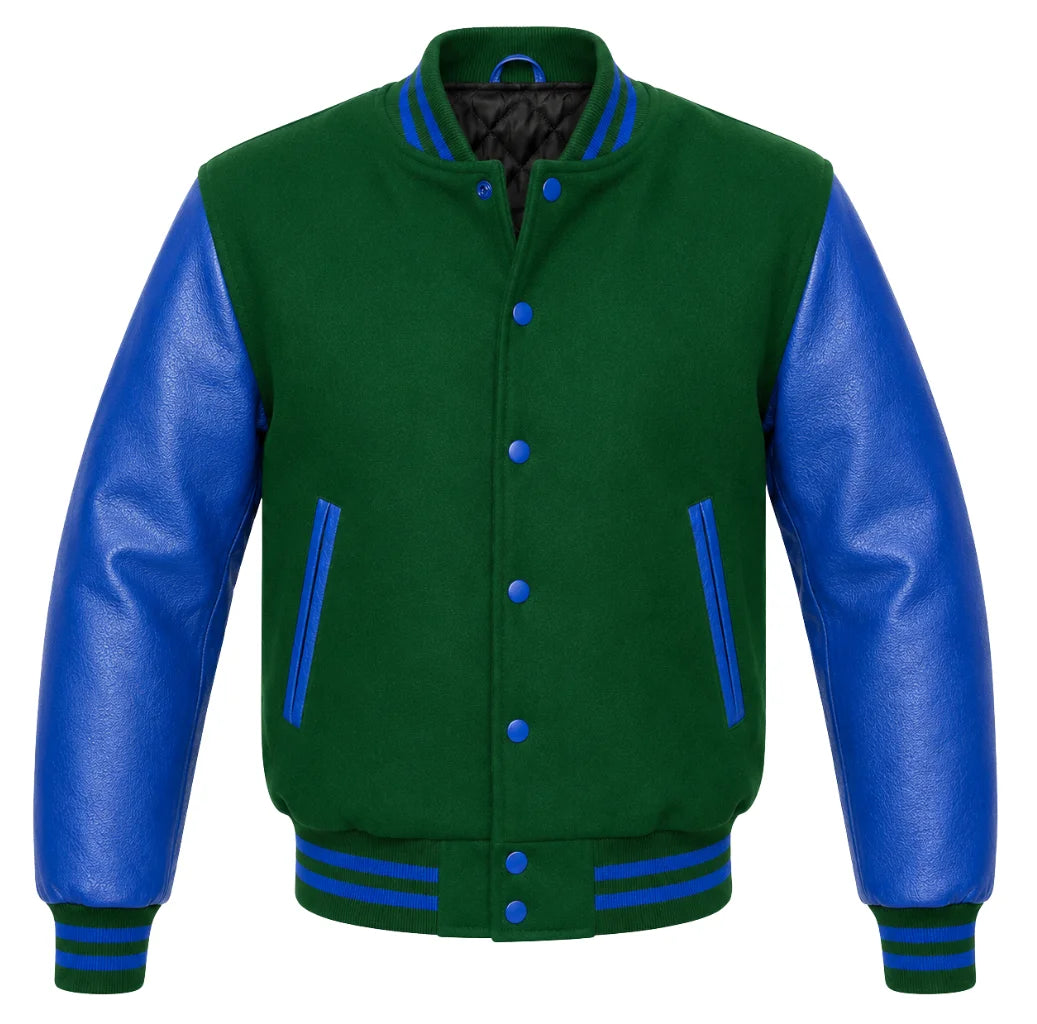 Green melton wool varsity jacket with royal blue leather sleeves, front view