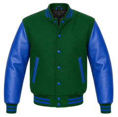 Green melton wool varsity jacket with royal blue leather sleeves, front view