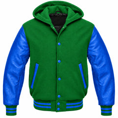 Green and Royal Blue Varsity Jacket with Hood