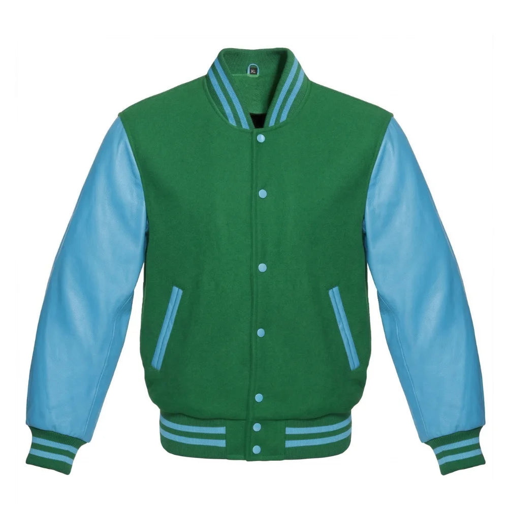 Green and Sky Blue Varsity Jacket with Wool Body and Leather Sleeves