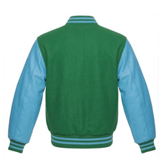 Green and Sky Blue Varsity Jacket with Wool Body and Leather Sleeves Back Side