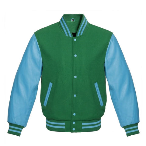 Green and Sky Blue Varsity Jacket with Wool Body and Leather Sleeves