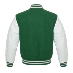 Green and White Varsity Jacket with Wool Body and Leather Sleeves Back Side