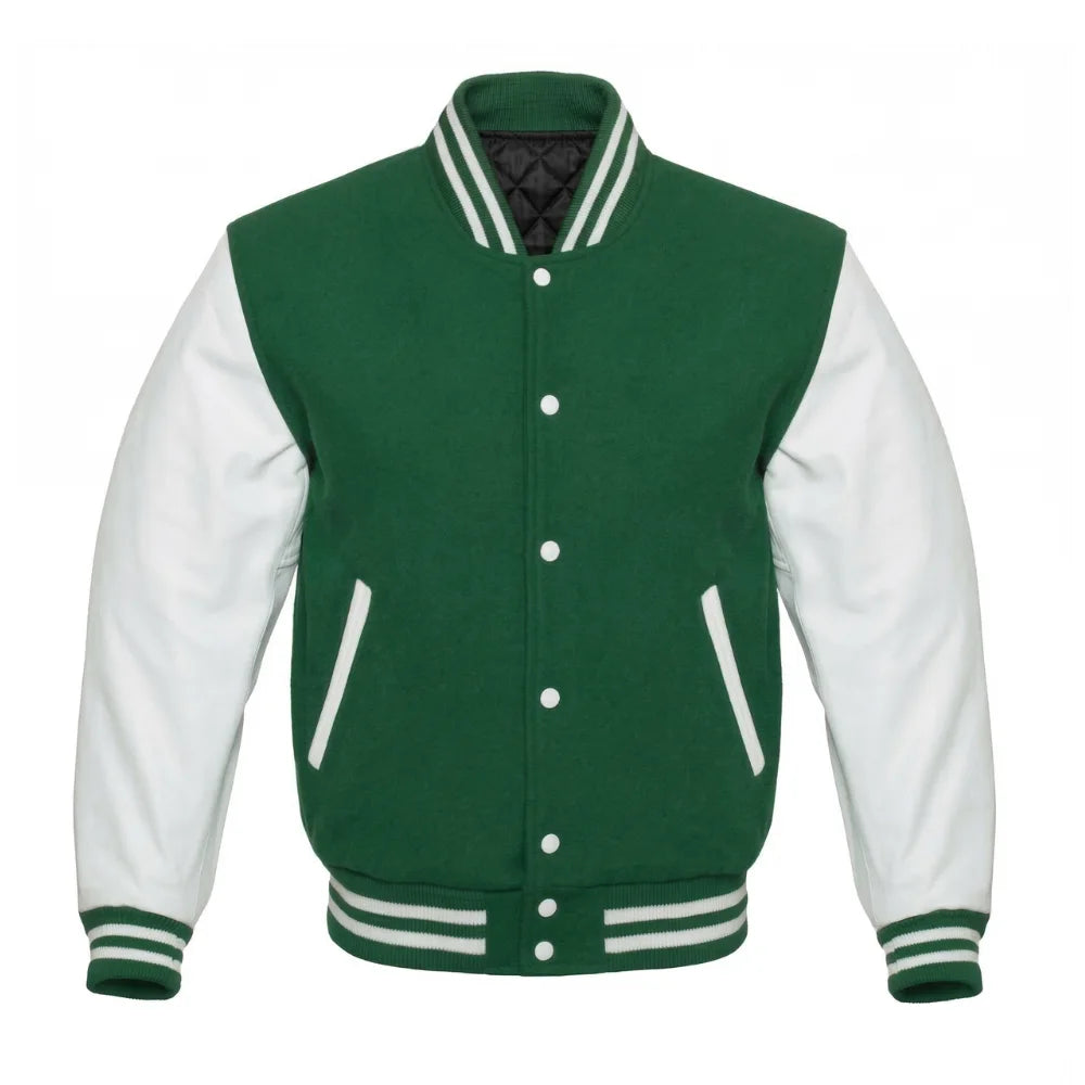Green and White Varsity Jacket with Wool Body and Leather Sleeves