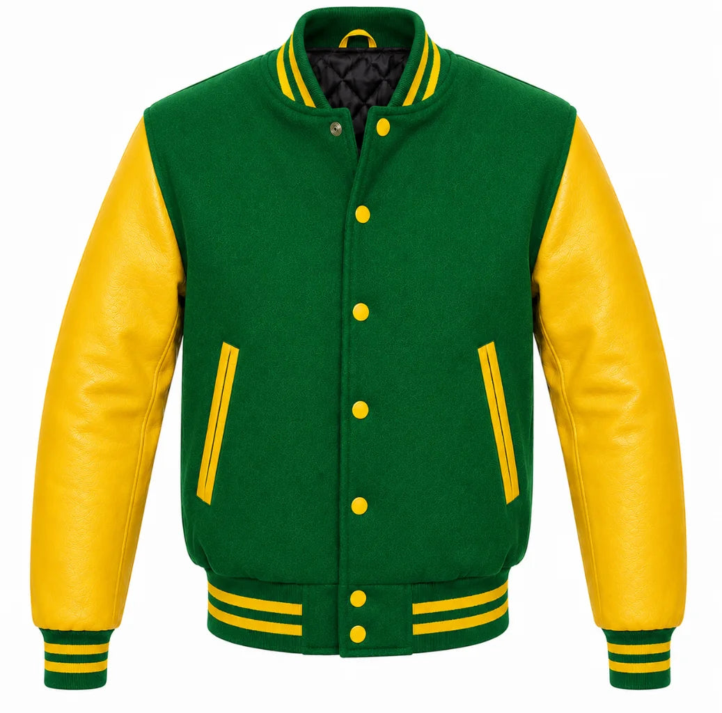 Green wool varsity jacket with yellow cowhide leather sleeves, back view