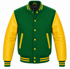 Green wool varsity jacket with yellow cowhide leather sleeves, back view