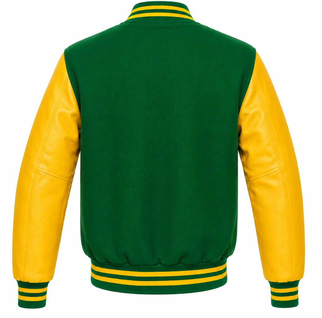 Green melton wool varsity jacket with yellow leather sleeves, front view