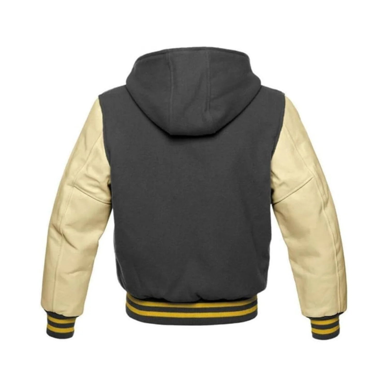 Grey Wool and Beige Leather Hooded Varsity Jacket Back Side