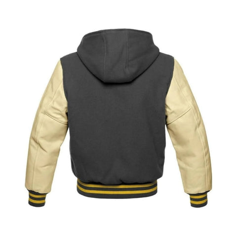 Grey Wool and Beige Leather Hooded Varsity Jacket Back Side