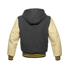 Grey Wool and Beige Leather Hooded Varsity Jacket Back Side