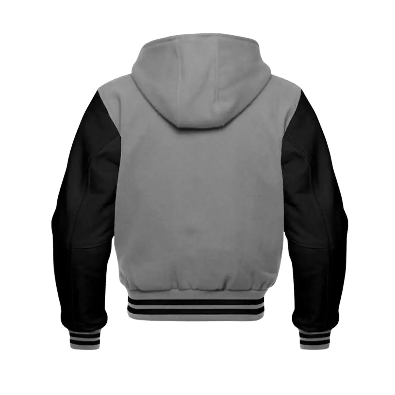 Grey Wool and Black Leather Hooded Varsity Jacket Back Side