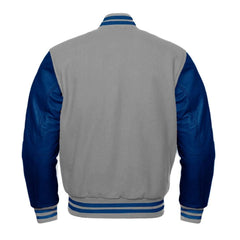 Grey and Navy Varsity Jacket with Wool Body and Leather Sleeves Back Side