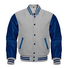 Grey and Navy Varsity Jacket with Wool Body and Leather Sleeves