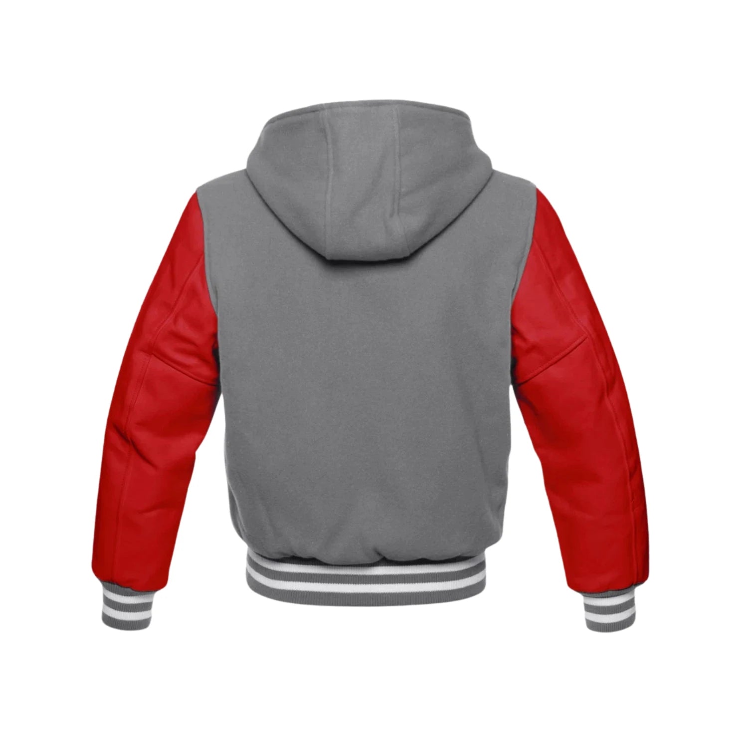Grey Wool and Red Leather Hooded Varsity Jacket Back Side
