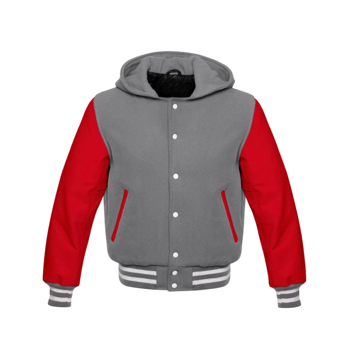 Grey Wool and Red Leather Hooded Varsity Jacket
