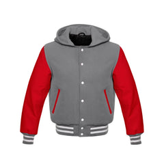 Grey Wool and Red Leather Hooded Varsity Jacket